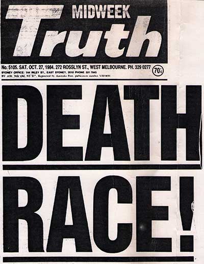 Newspaper headline: Death Race!